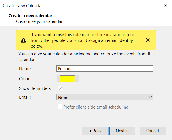 Nom, email, couleur associé au calendrier dans Thunderbird