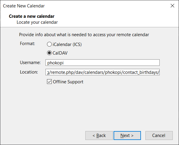 Ajout dans Thunderbird du calendrier <em>Contact birthdays</em> automatiquement crée